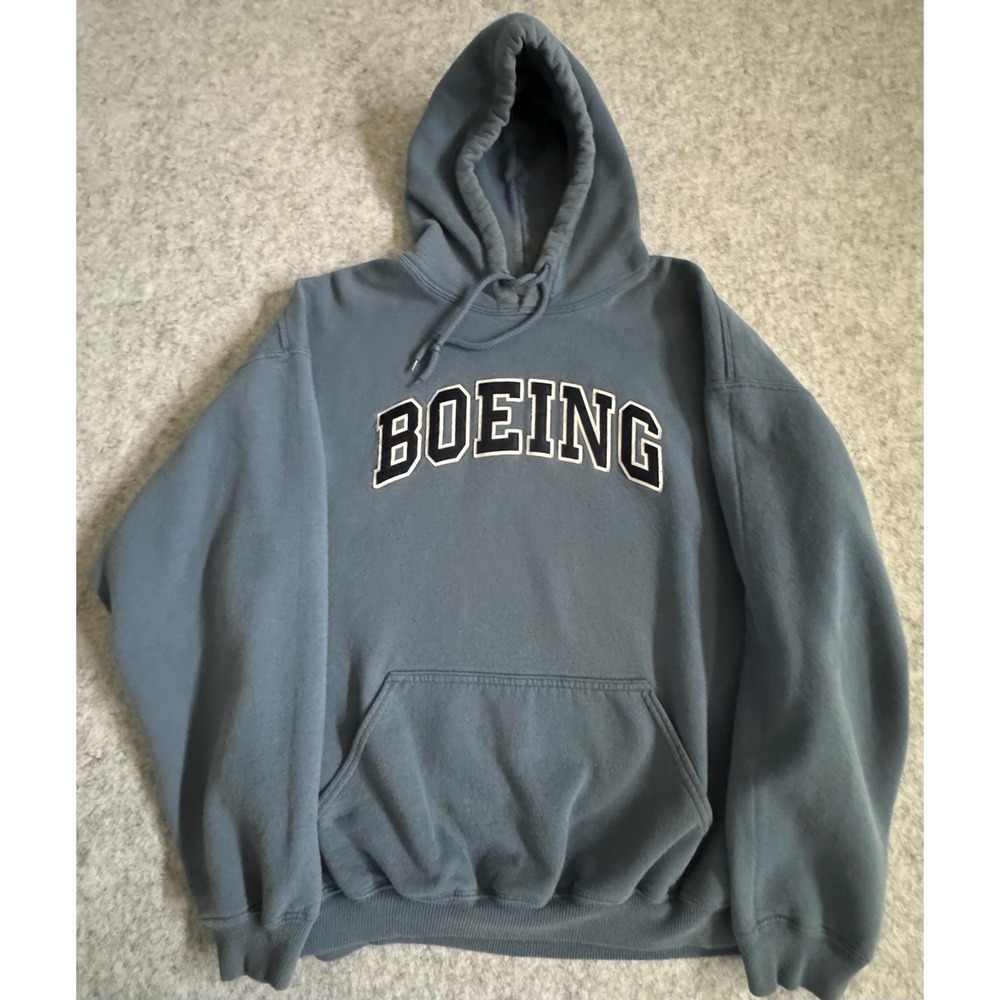 Boeing Hoodie Mens XL Blue Pullover Fleece Logo Graphic Aviation Sweatshirt